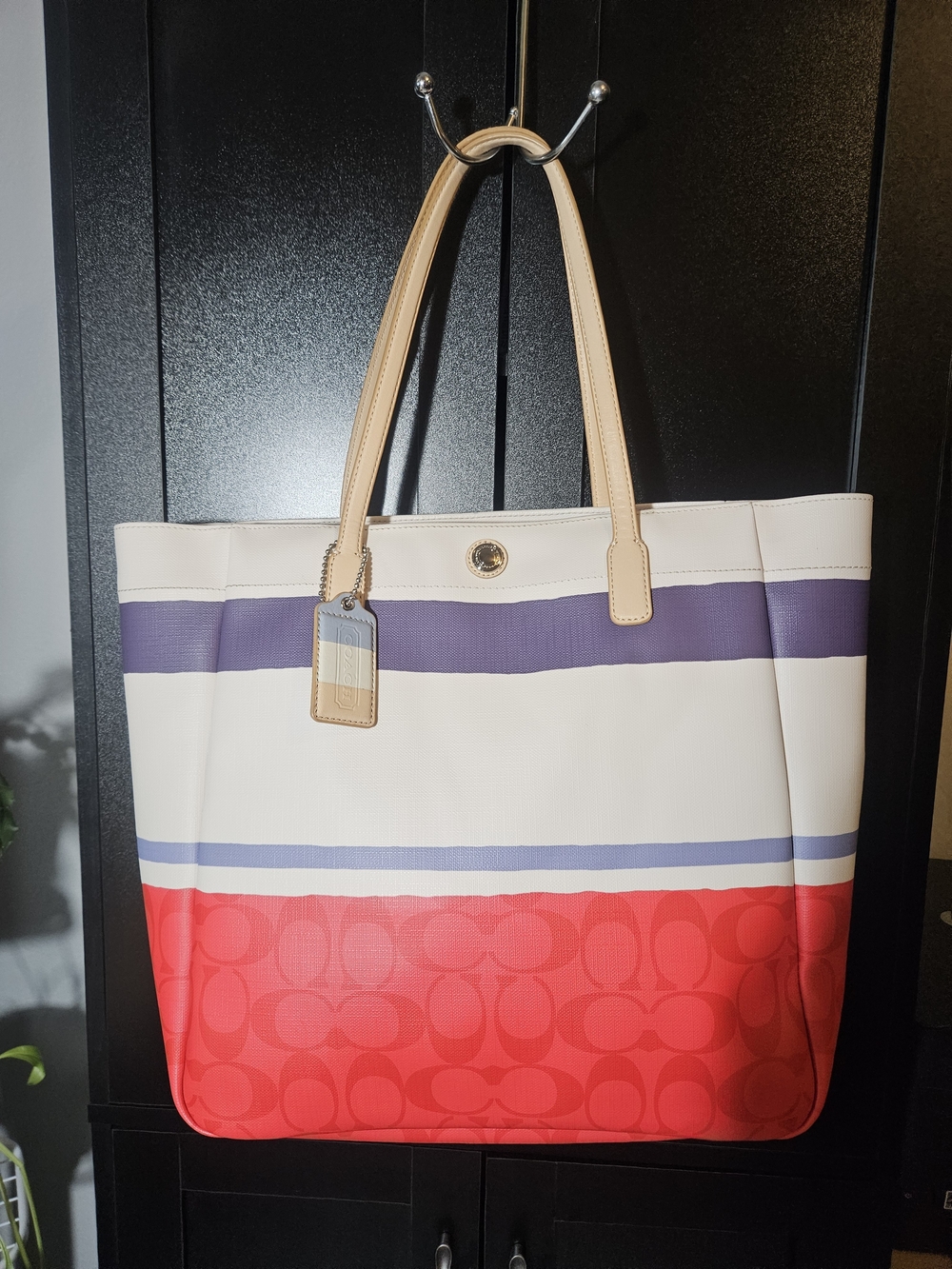 Coach Colorblock Signature Tote in Red, Cream & Purple with Tan Handles